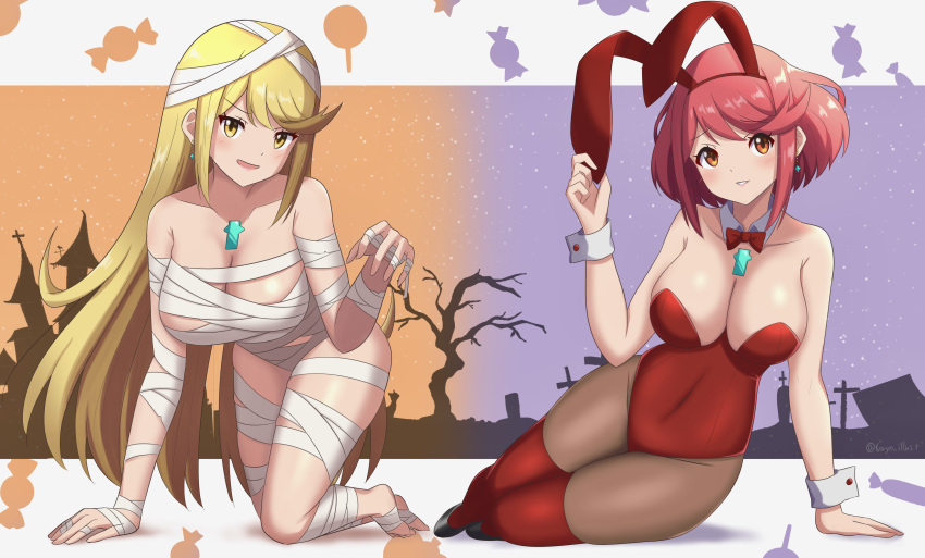 2_girls 6oryo_illust absurd_res alluring alternate_costume animal_ears arm_support bandages big_breasts blonde_hair bow bowtie breasts chest_jewel commentary_request covered_navel detached_collar earrings fake_animal_ears full_body halloween high_res jewelry leotard long_hair looking_at_viewer lying multiple_girls mummy mummy_costume mythra naked_bandage on_side pantyhose playboy_bunny pyra rabbit_ears red_eyes red_hair ryochan96154 short_hair stockings strapless strapless_leotard swept_bangs tombstone very_long_hair wrist_cuffs xenoblade_chronicles_(series) xenoblade_chronicles_2 yellow_eyes