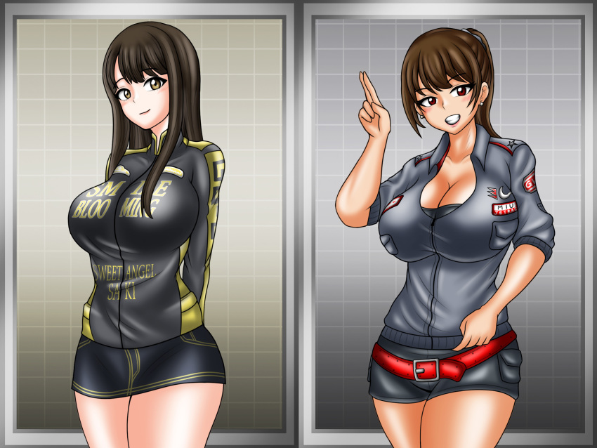 2girls alluring big_breasts biker_jacket black_hair brown_eyes brown_hair cleavage engine_sentai_go-onger long_hair multiple_girls ponytail rouyama_saki shorts skirt super_sentai sutou_miu treezero