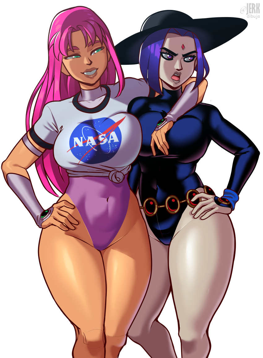 2girls armwear belt big_breasts black_leotard breasts cartoon_network dc dc_comics female female_only forehead_jewel green_eyes grey_body grey_skin hair hand_on_hip hat headwear hips huge_breasts jerkdibuja koriand'r leotard lips long_hair no_text pink_hair pink_leotard purple_hair rachel_roth raven_(dc) short_hair smile starfire tagme teen_titans teen_titans_go thick_thighs thighs white_background wide_hips