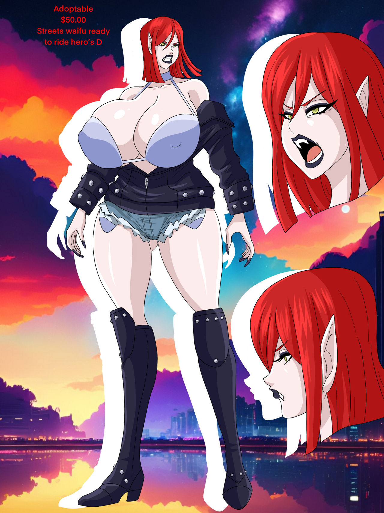 angry big_breasts busty character_sheet claws fangs monster_girl ninja-8004 original_character red_hair vampire voluptuous white_skin yellow_eyes
