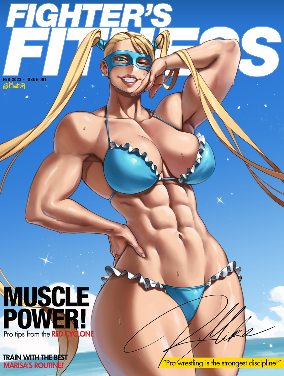 1girl 1girl abs biceps big_breasts blonde_hair blue_eyes breasts cleavage cover domino_mask english_text hair_pulled_back high_res lips long_hair looking_at_viewer magazine_cover makeup mask mootium muscular muscular_female navel rainbow_mika smile street_fighter thick_thighs thighs twin_tails twitter_username wrestling_mask