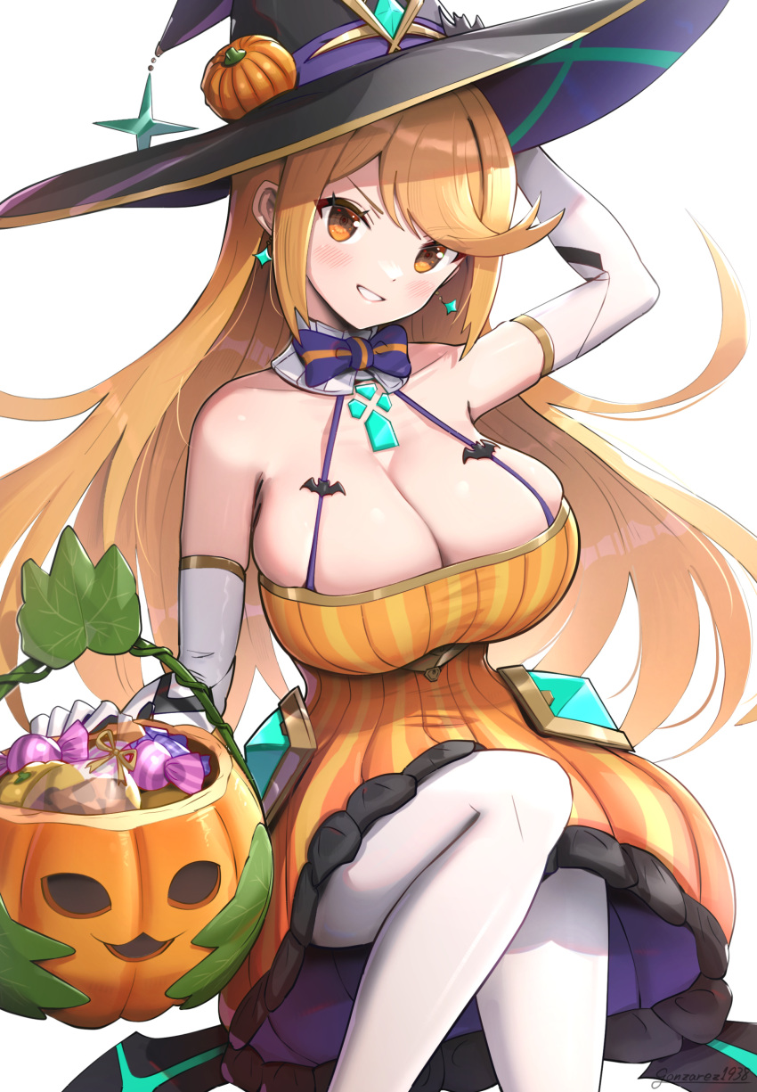 1girl 1girl alluring alternate_breast_size alternate_version_available arm_up bangs blonde_hair bowtie breasts candy cleavage core_crystal detached_collar detached_sleeves earrings female_focus female_only gold_eyes gonzarez halloween hat high_res huge_breabigsts large_hat latex leggings light_blush long_hair looking_at_viewer mythra nintendo orange_clothing pumpkin sitting smile swept_bangs thick_thighs thighs white_leggings witch witch_costume witch_hat xenoblade_(series) xenoblade_chronicles_2