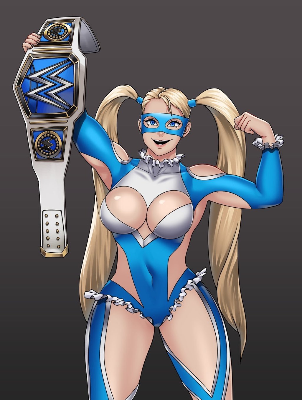 1girl bare_shoulders blonde_hair championship_belt cleavage_cutout clothing_cutout high_res long_hair mask mika_nanakawa rainbow_mika street_fighter treartz twin_tails wrestling_outfit wwe wwe_smackdown_women&amp;#039;s_championship_belt