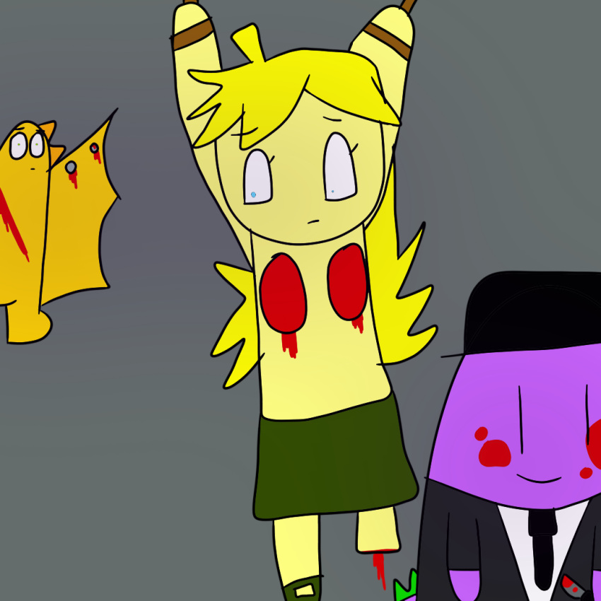 amputee black_eyes black_hat black_suit bleeding blonde_hair b***d blue_eyes bondage bulging_eyes crucified debreasted dragon dying godzilla_(series) green_eyes green_skirt grey_background holding_knife hydra kaiju king_ghidorah looking_at_viewer nails nervous panty_&amp;amp;_stocking_with_garterbelt panty_anarchy panty_anarchy_(cosplay) purple_skin slimshady11 smirking_at_viewer spikes tied_up wings yellow_skin