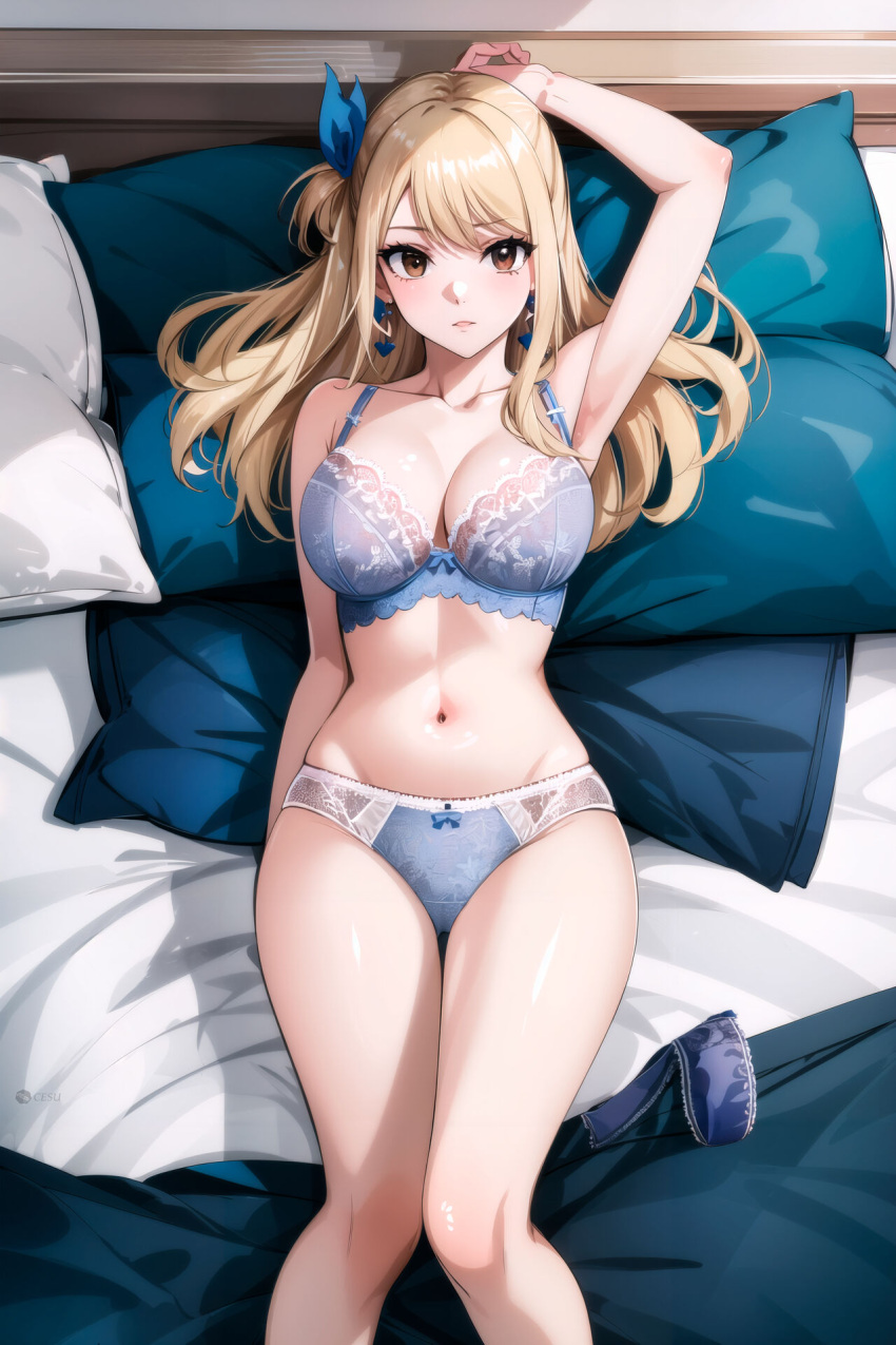 blonde_hair brown_eyes fairy_tail laying_on_bed light_blue_lingerie lucy_heartfilia lxlbanner ponytail