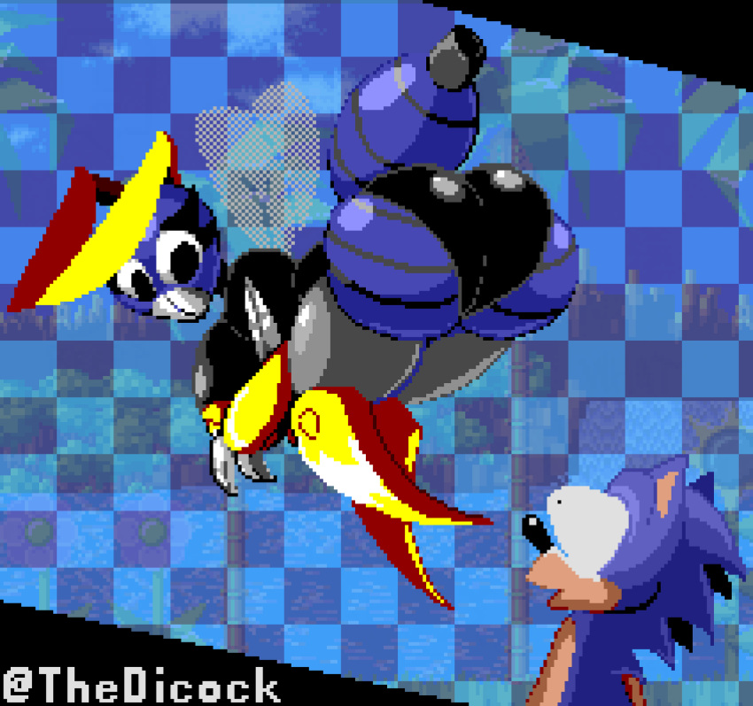 1boy 1girl 2023 ass ass_focus bee big_ass big_breasts breasts buzz_bomber eyelashes female_focus flying looking_at_another looking_at_ass looking_back palette_limitation pixel_art pog robot robot_girl sega sonic_the_hedgehog sonic_the_hedgehog_(series) stinger thedicock