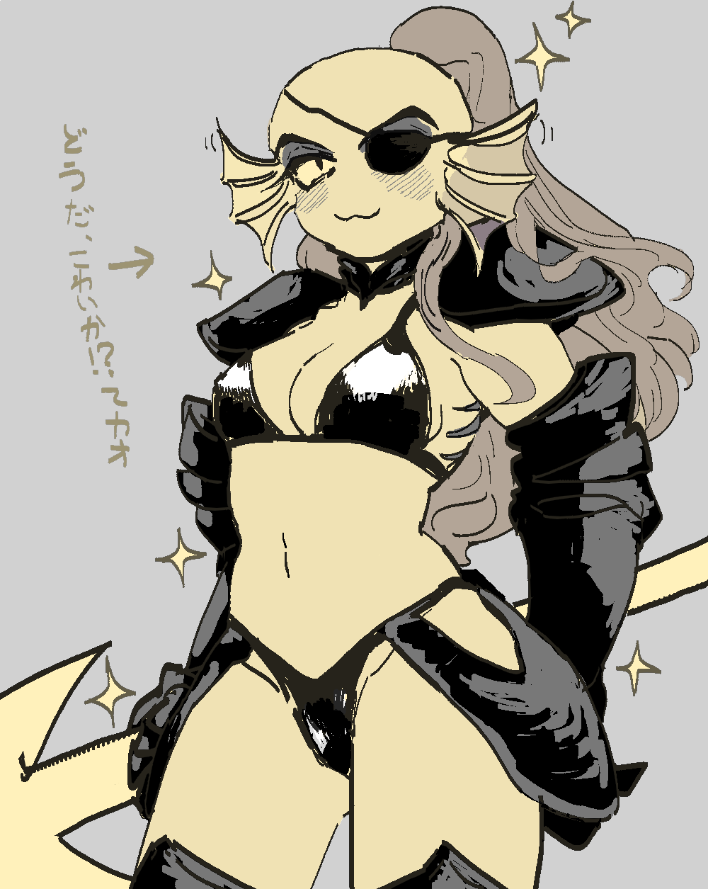 1girl 2010s 2018 :3 anthro anthro_only armor armored_gloves armwear bikini bikini_armor bikini_bottom bikini_top breasts cowboy_shot ear_fins eye_patch eyepatch female_anthro female_only fish fish_girl gauntlets hair head_fins holding_spear holding_weapon japanese_text legwear marine medium_breasts monochrome monster monster_girl navel non-mammal_breasts non-mammal_navel ribon22 simple_background skimpy_armor skimpy_outfit slit_pupils solo_anthro solo_female sparkle spear text undertale undertale_(series) undyne very_long_hair weapon white_background