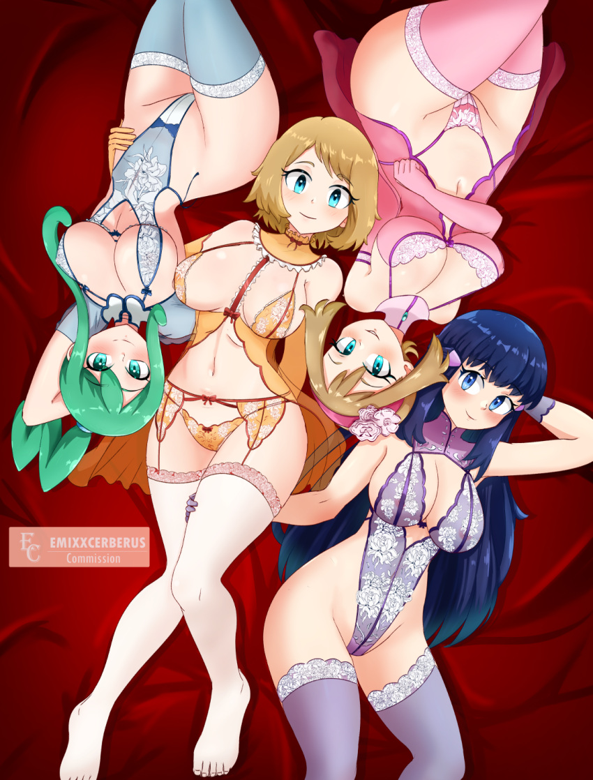 1girl 4girls alternate_version_available areola areolae_visible_through_clothing big_breasts blue_eyes blue_hair blue_thighhighs blush breasts brown_hair cleavage dawn_(pokemon) emixxcerberus female_only game_freak green_eyes green_hair hair hand_behind_head hand_on_hip hand_on_thigh hips huge_breasts lace lace-trimmed_bra lace-trimmed_garter_belt lace-trimmed_legwear lace-trimmed_panties lace-trimmed_thighhighs lace_trim legwear lingerie lisia_(pokemon) long_hair may_(pokemon) nightgown pink_nightgown pink_thighhighs pokemon pokemon_dppt pokemon_oras pokemon_rse pokemon_xy ponytail purple_thighhighs serena_(pokemon) short_hair smile stockings thick_thighs thighs white_thighhighs yellow_bra