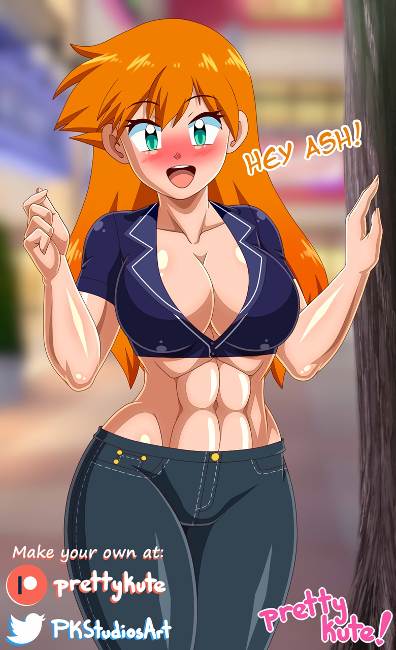 1girl abs alluring asymmetrical_hair athletic_female back bangs bare_arms big_breasts blush breasts clothing cowboy_shot crop_top denim eyelashes female_abs fit_female game_freak gen_1_pokemon green_eyes gym_leader jeans kasumi_(pokemon) legs long_hair misty misty_(pokemon) nintendo orange_hair pk-studios pokemon pokemon_(anime) pokemon_(classic_anime) pokemon_(game) pokemon_rgby pretty_kute six_pack thick_thighs thighs