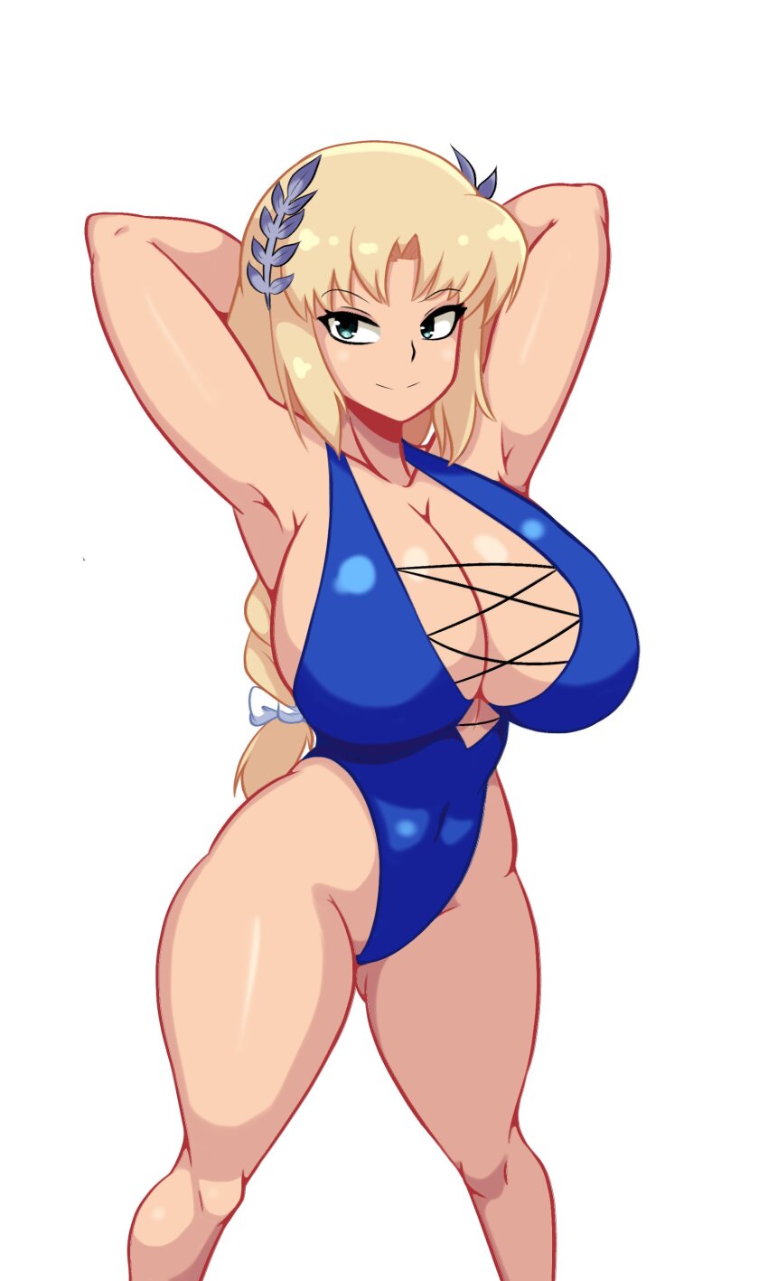 1girl alluring arms_behind_head big_breasts bikini blonde_hair breasts cleavage collarbone covered_navel green_eyes high_res iggybomb legs long_hair milf one-piece_swimsuit project_soul seductive_smile silf smile sophitia_alexandra soul_calibur soul_calibur_ii soul_calibur_iii soul_calibur_vi thick_thighs thighs