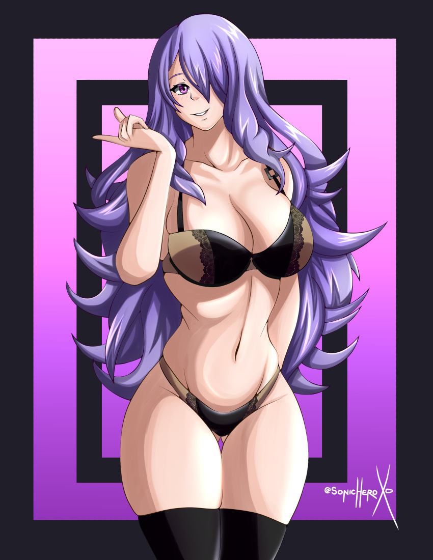 1girl alluring ass_visible_through_thighs bare_thighs big_breasts black_panties breasts camilla_(fire_emblem) cleavage fire_emblem fire_emblem_fates lingerie long_hair nintendo panties purple_eyes purple_hair skindentation sonicheroxd stockings thick_thighs thighs very_long_hair