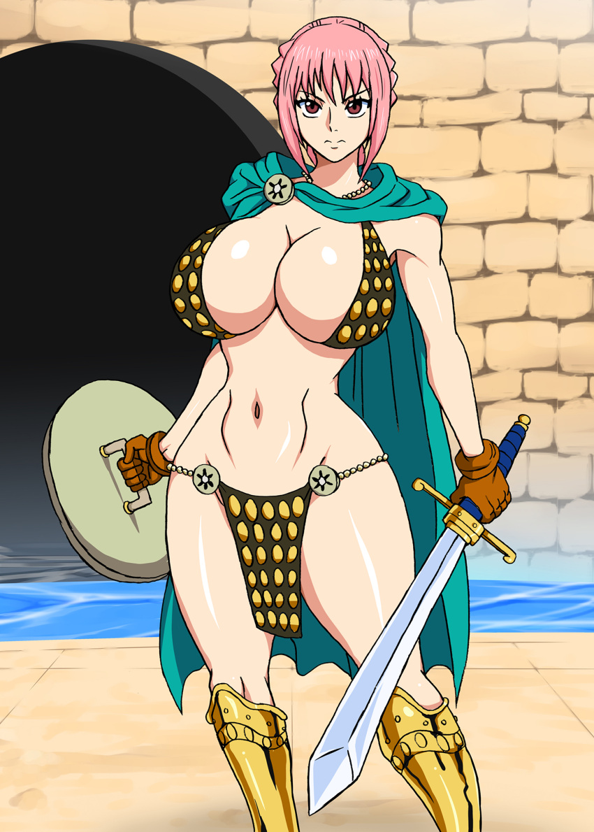 1girl alluring big_breasts bikini_armor blue_eyes blush breasts curves female_focus female_only gloves gold_(metal) gold_heels naruho one_piece pink_hair rebecca_(one_piece) wide_hips