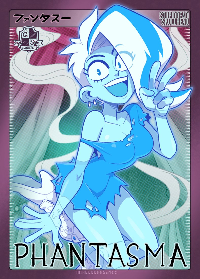 1girl blue_body blue_eyes boots breasts dress female ghost ghost_girl hanna-barbera looking_at_viewer mikeluckas peace_sign phantasma_phantom piercing scooby-doo scooby-doo_and_the_ghoul_school smile solo tagme tongue torn_clothes voluptuous warner_brothers white_hair wide_hips