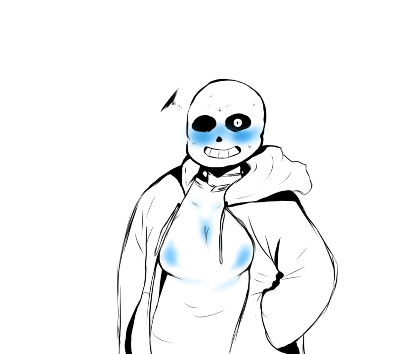 animated_skeleton artist_request blue_blush blush breasts clothed clothing ectobody ectobreasts hand_in_pocket hooded_jacket hoodie jacket looking_at_viewer male monster partially_colored sans sans_(undertale) simple_background skeleton surprised sweat undead undertale undertale_(series) white_background