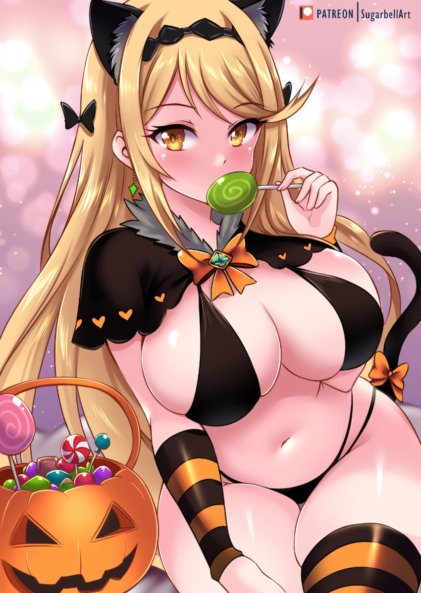 1girl 1girl 1girl alluring alternate_costume big_breasts blonde_hair candy cleavage core_crystal female_only gold_eyes halloween halloween_candy lollipop mythra nintendo sugarbell tagme xenoblade_(series) xenoblade_chronicles_2