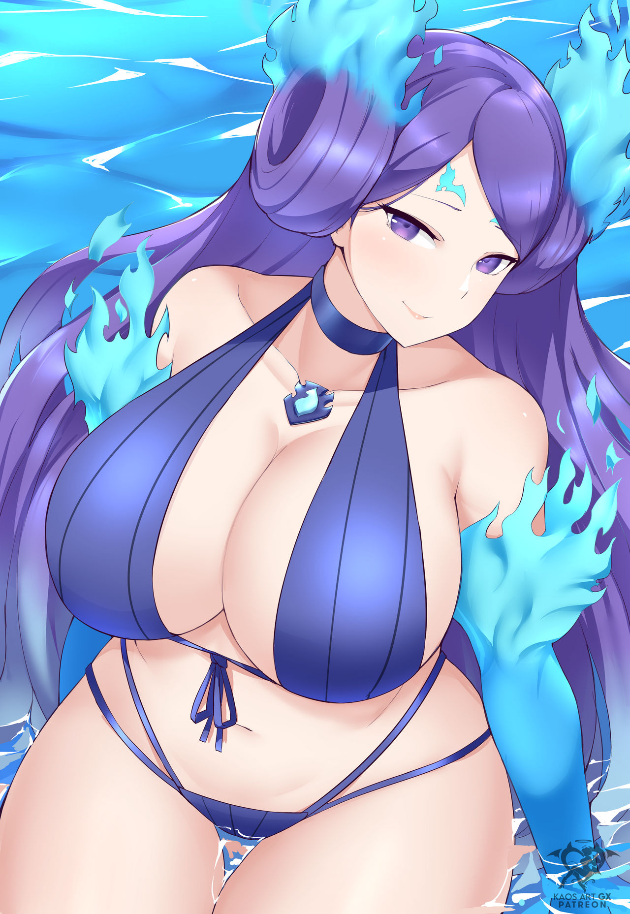 1girl alluring bare_shoulders big_breasts brighid brighid_(xenoblade) cute double_bun eye_contact female_focus female_only fire fire_hair front_view grin largemilk light-skinned_female light_skin looking_at_viewer nintendo purple_eyes purple_hair smile smiling_at_viewer solo_female tagme xenoblade_(series) xenoblade_chronicles_2