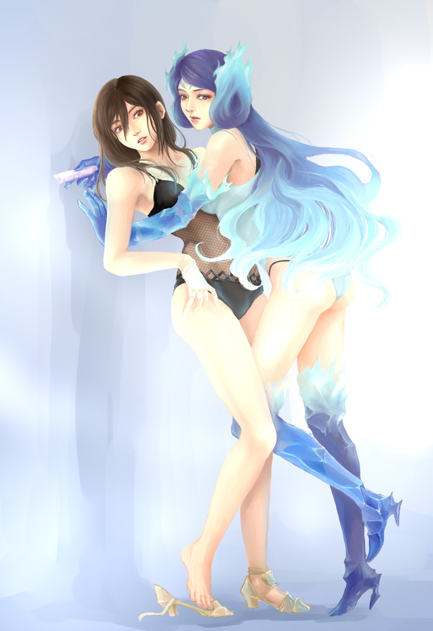 2_girls alluring bare_legs bikini boots brighid brighid_(water_lily)_(xenoblade) brighid_(xenoblade) collarbone feet female_focus fire high_heel_boots high_heels high_res long_hair morag_ladair morag_ladair_(obligatory_leave)_(xenoblade) morag_ladair_(xenoblade) multiple_girls nintendo no_headwear one-piece_swimsuit purple_hair shoes simple_background single_shoe swimsuit xenoblade_chronicles_(series) xenoblade_chronicles_2 yuri yuuta_(ruin0811)