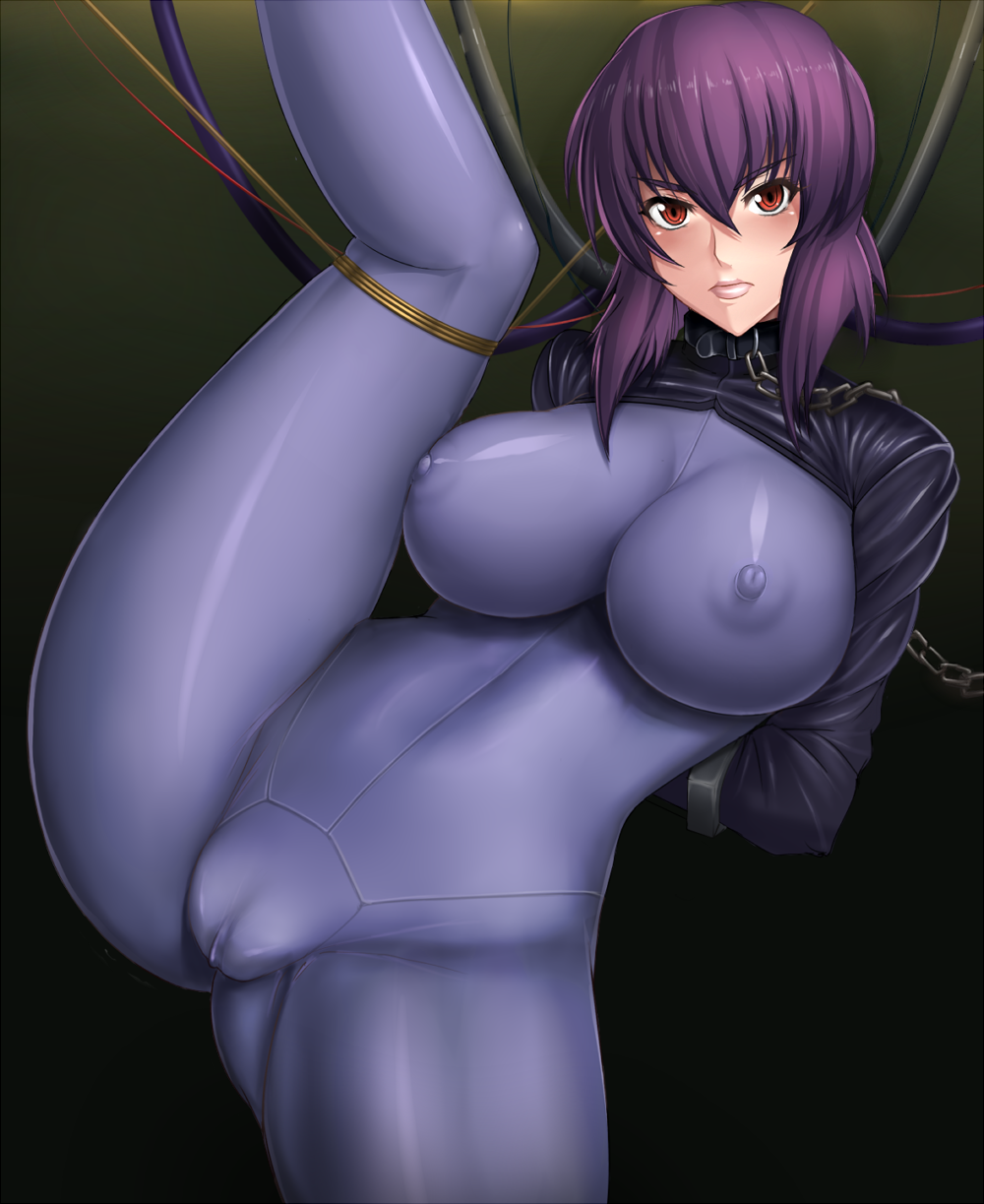 1boy 1girl 1girl 5ht arms_behind_back big_breasts big_breasts blush bodysuit bondage bound_arms bound_legs bound_wrists breasts cable cameltoe chains cleavage closed_mouth clothed_female collar covered_navel cyborg erect_nipples erect_nipples_under_clothes female_cyborg female_focus female_only ghost_in_the_shell ghost_in_the_shell_stand_alone_complex gradient gradient_background grey_bodysuit helpless high_resolution impossible_bodysuit impossible_clothes jacket kusanagi_motoko leash leg_lift legs_held_open lips looking_at_viewer mature mature_female medium_hair nipple_bulge nipples one_leg_up oversplit png pokies purple_bodysuit purple_hair red_eyes shackles shiny shiny_clothes shiny_hair short_hair skin_tight solo_female solo_focus splits spread_legs tagme