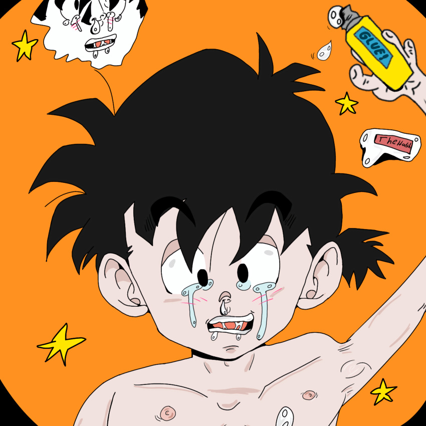 accidentally_stuck big_ears big_eyes black_eyebrows black_eyes crying cum cum_in_mouth cum_in_nose cum_in_nostrils cum_on_breast cum_out_nose glue glued nipples nude nude nude_male runny_nose shaved_armpit shy small_nose snot son_gohan tears