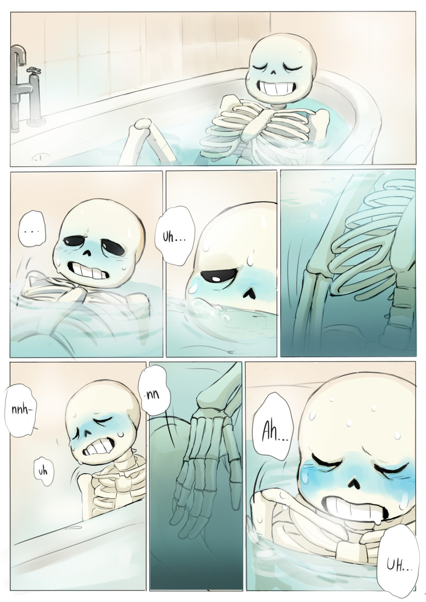 1boy 2010s animated_skeleton ass bathing bathroom bathtub blue_blush blush cheztnuts closed_eyes comic comic_page comic_panel completely_nude drooling english_text fingering fingering_self male male_masturbation male_only masturbation moaning monster nude pussy rubbing sans sans_(undertale) sequence sequential skeleton solo_male speech_bubble sweat text text_bubble undead undertale undertale_(series) water