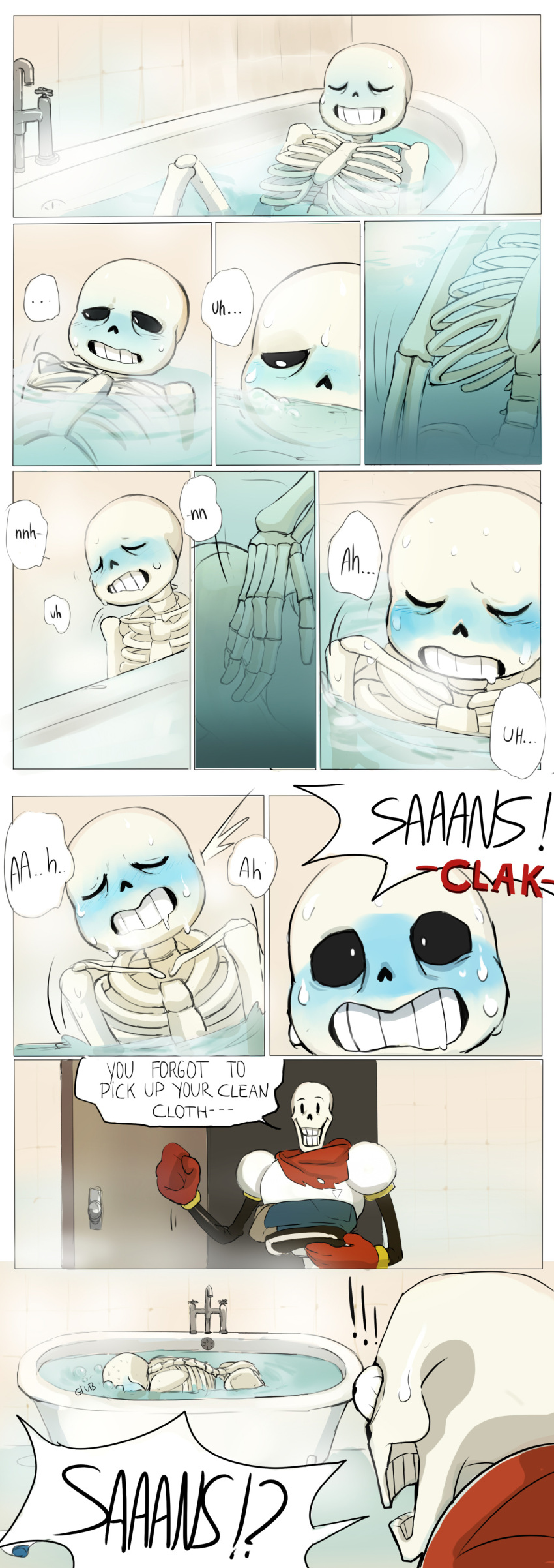 !!! !? 2010s 2boys almost_caught animated_skeleton ass bathing bathroom bathtub blue_blush blush brother brother_and_brother brothers bulging_eyes cheztnuts closed_eyes clothed clothing comic comic_page comic_panel completely_nude door drooling duo edit edited english_text fingering fingering_self hand_behind_head holding_clothes holding_clothing holding_object male male_masturbation male_only masturbation moaning monster nude open_door papyrus papyrus_(undertale) pussy rubbing sans sans_(undertale) sequence sequential shocked shouting skeleton solo_male speech_bubble surprised sweat talking_to_another text text_bubble third-party_edit undead undertale undertale_(series) walk-in water yelling