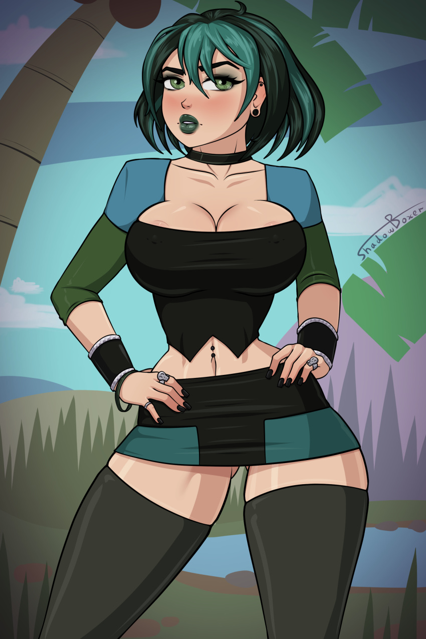 1girl areola artist_name big_breasts black_nails black_thighhighs breasts cartoon_network choker covered_nipples goth goth_girl gwen_(tdi) hands_on_hips multicolored_hair navel ring shadowboxer skirt solo_female total_drama_island