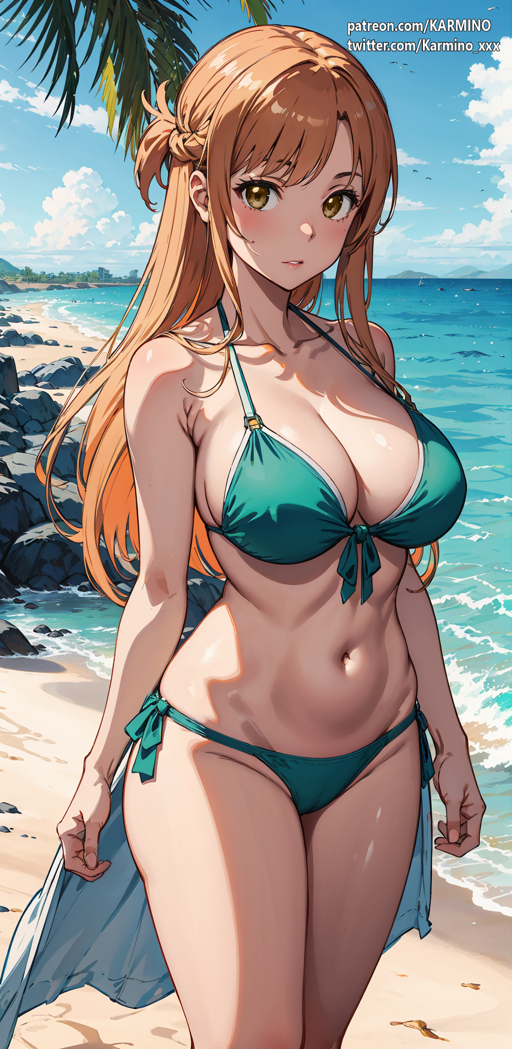 1girl ai_generated anime anime_style beach big_breasts bikini brown_eyes brown_hair green_bikini sword_art_online voluptuous_female yuuki_asuna