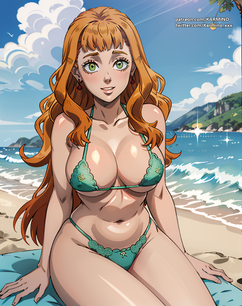 1girl 1girl ai_art ai_generated anime anime_style beach big_breasts bikini black_clover green_eyes mimosa_vermillion orange_hair outside sexy_body white_skin