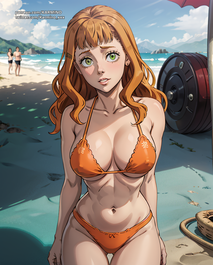 1girl 1girl ai_art ai_generated anime anime_style beach big_breasts bikini black_clover green_eyes mimosa_vermillion orange_bikini orange_hair outside sexy_body white_skin