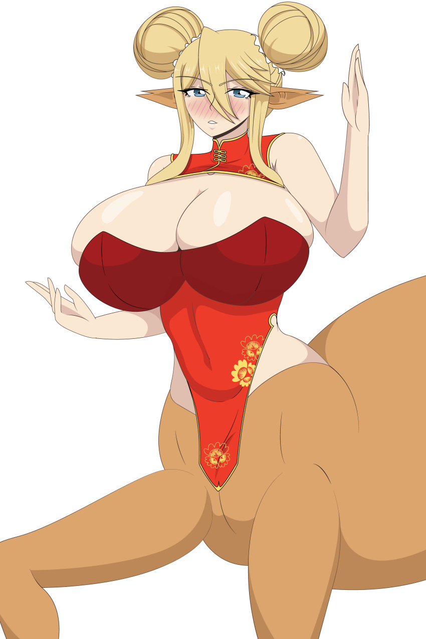 big_breasts blonde_hair blue_eyes centaur centauress centorea_shianus crowns monster_girl monster_musume_no_iru_nichijou pointy_ears qipao taur twin_buns voluptuous