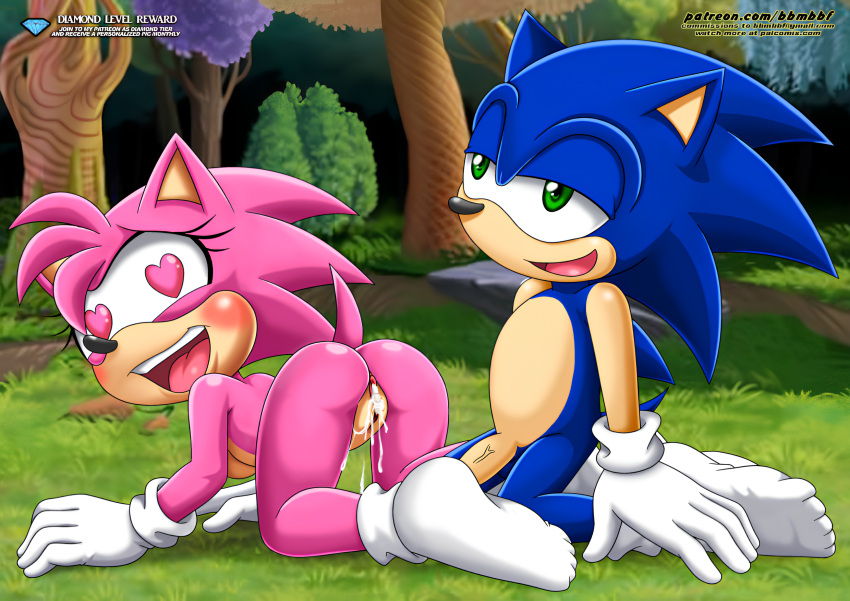1boy 1girl 1girl absurd_res after_sex all_fours amy_rose ass bbmbbf blush classic_amy_rose cum_drip cum_in_pussy cum_leaking excessive_cum eyelashes flaccid furry furry_female gloves green_eyes half-closed_eyes heart-shaped_pupils hedgehog humanoid_penis in_love kneel looking_pleasured male/female mobius_unleashed open_mouth outside palcomix penis pietro's_secret_club quills sega sega sega sideboob smile socks sonamy sonic_generations sonic_the_hedgehog sonic_the_hedgehog_(series) tree