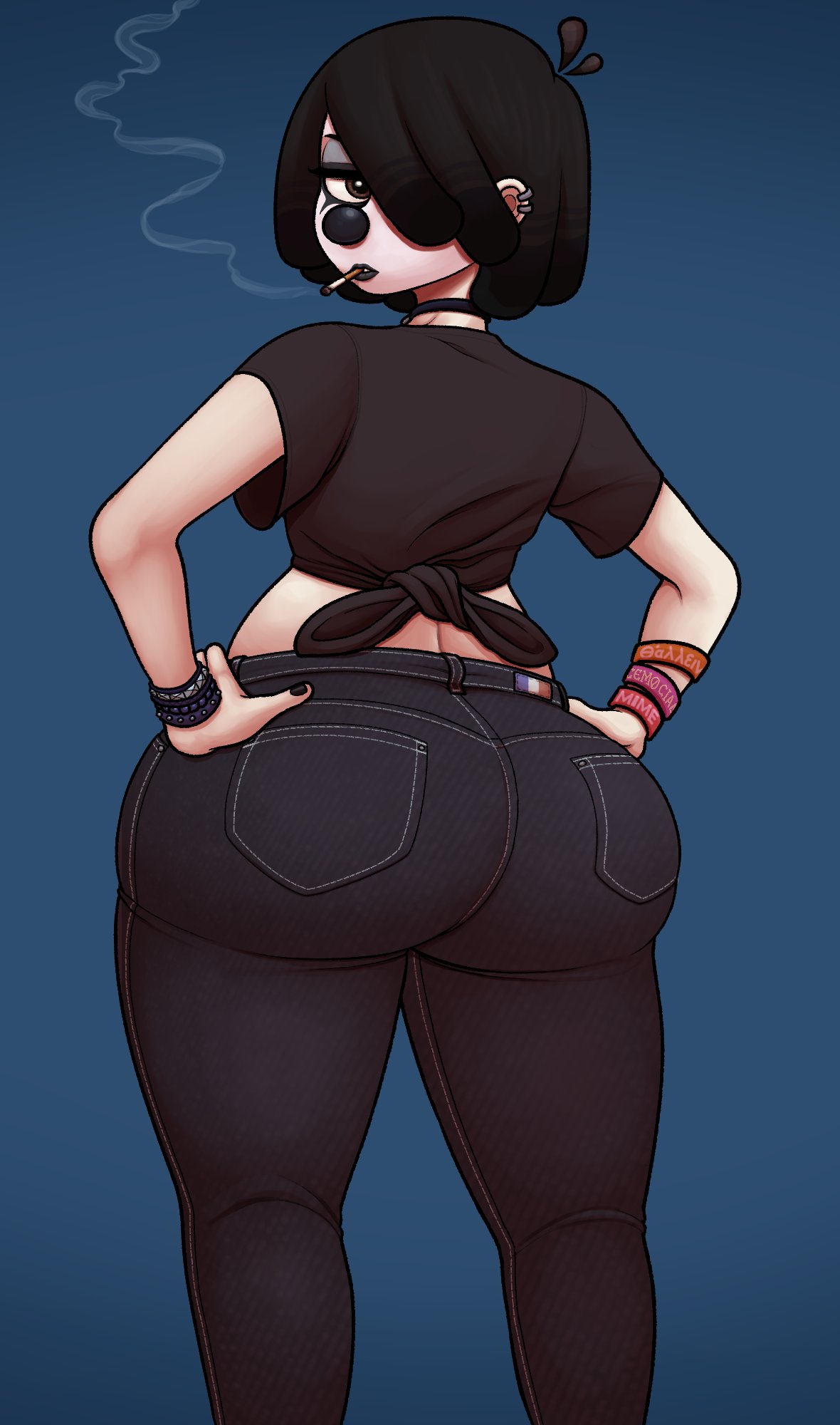 1girl 1girls ass big_ass black_eyes black_hair blue_background brown_eyes bubble_ass bubble_butt cigarette clown curvy dat_ass ear_piercing female_only fizzie_(vendant) goth hair hair_over_one_eye hands_on_hips huge_ass jeans looking_at_viewer looking_back nail_polish original_character pants smoking thick_thighs tight_jeans tight_pants vendant