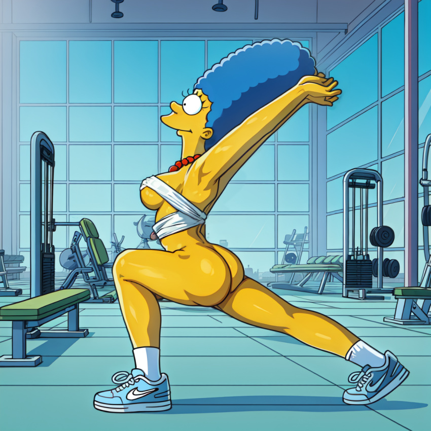 1girl 20th_century_fox ai_generated arms_up ass ass_focus blue_hair bottomless dat_ass female fonglet gym marge_simpson mature_female milf red_necklace shoes socks solo stretching the_simpsons