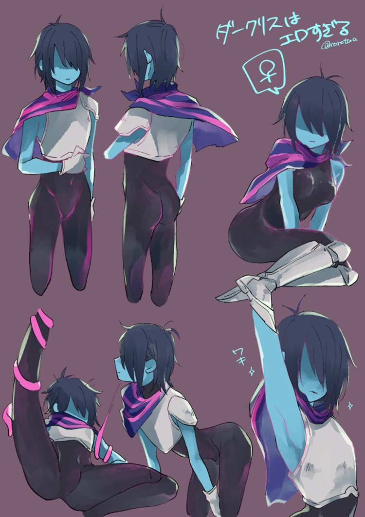 1girl 2d 2d_(artwork) armor armpit armpits arms_up ass blue_body blue_skin breasts clothed clothing deltarune digital_media_(artwork) female_human female_only female_symbol hair_over_eyes human human_only japanese_text kris_(dark_world_form) kris_(deltarune) kris_female_(deltarune) legs_apart multiple_views navel_line scarf short_hair simple_background sitting solid_color_background tentacle text undertale_(series) venus_symbol video_games
