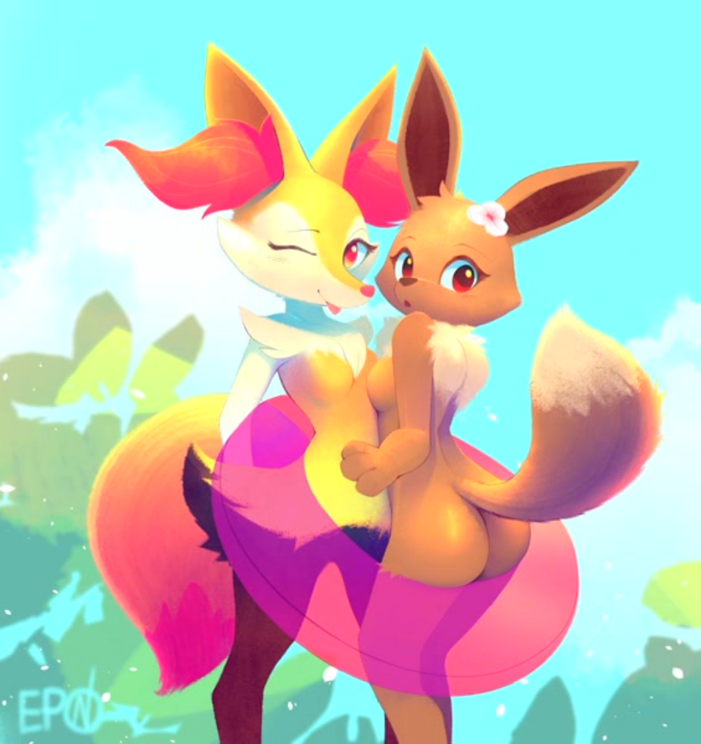 2_girls ass b-epon blep braixen breasts brown_body brown_fur cream_fur creatures_(company) cute eevee featureless_breasts featureless_crotch female_only floatie flower_in_hair fluffy_tail furry furry_female furry_only game_freak generation_1_pokemon generation_6_pokemon grey_fur hug inner_ear_fluff looking_at_viewer mlem neck_fluff nintendo one_eye_closed orange_eyes orange_fur pok&eacute;mon_(species) pokemon pokemon_(game) pokemon_(species) pokemon_rgby pokemon_xy signature small_breasts tail tongue tongue_out white_fur wholesome wink winking winking_at_viewer yellow_body yellow_fur yuri