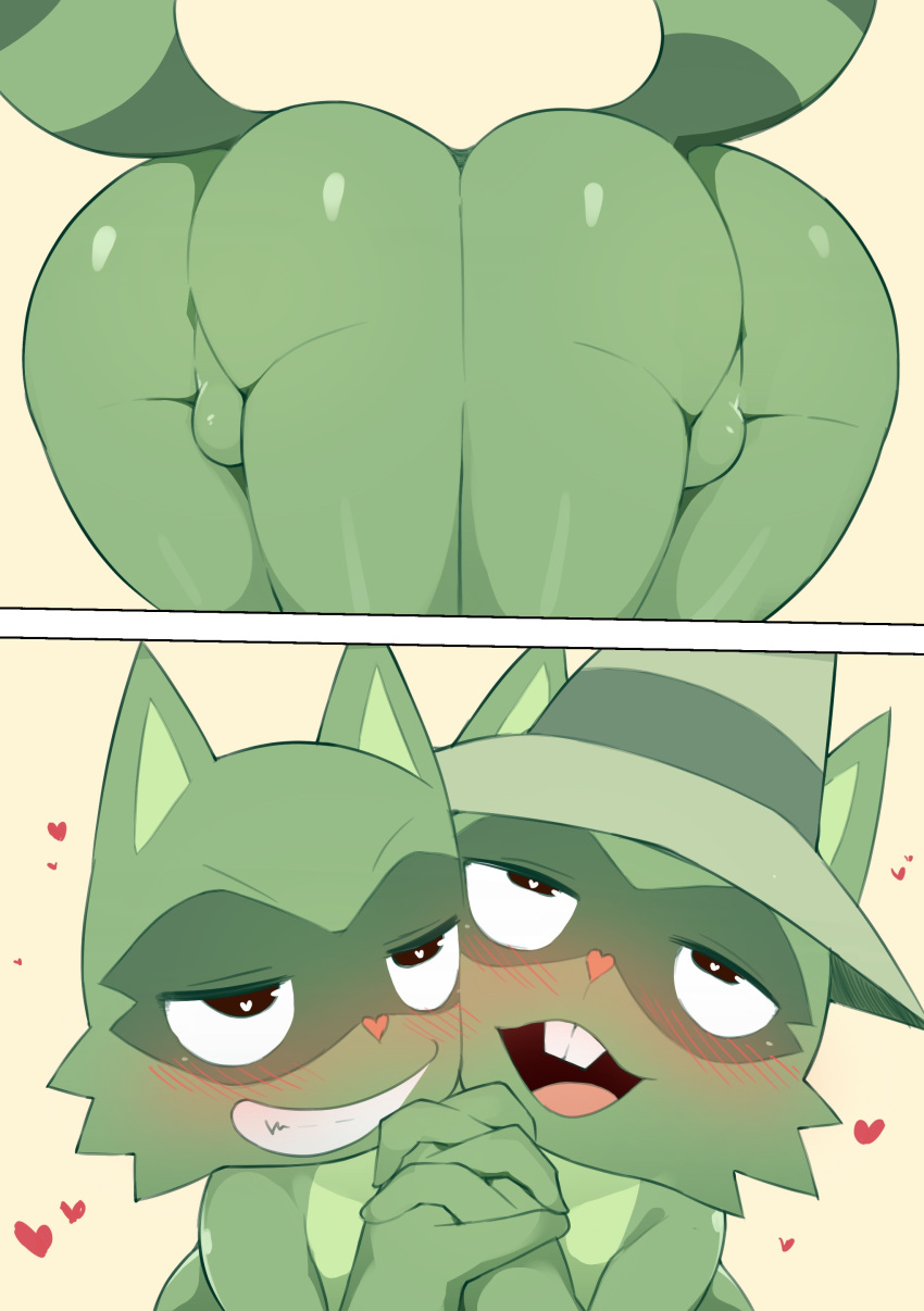 ) anthro ass ass_to_ass backsack balls big_ass blush clothing duo fur genitals green_body green_fur happy_tree_friends hat hat_only headgear headgear_only headwear headwear_only lifty_(htf) looking_at_viewer male male/male mammal mostly_nude nude raccoon shifty_(htf) umisag85rabb99