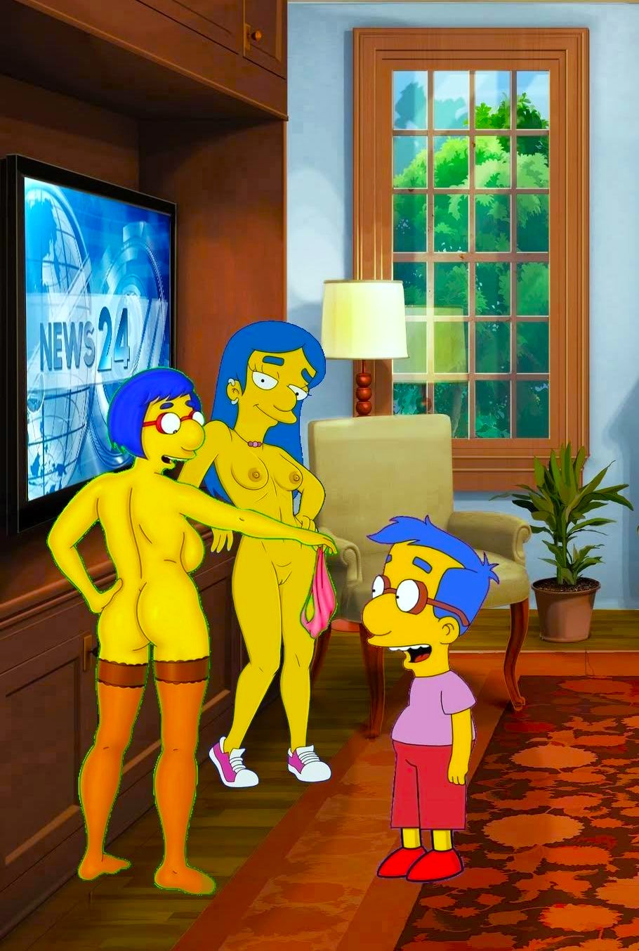 ass breasts erect_nipples glasses hair_down luann_van_houten marge_simpson milhouse_van_houten nude shaved_pussy stockings the_simpsons thighs