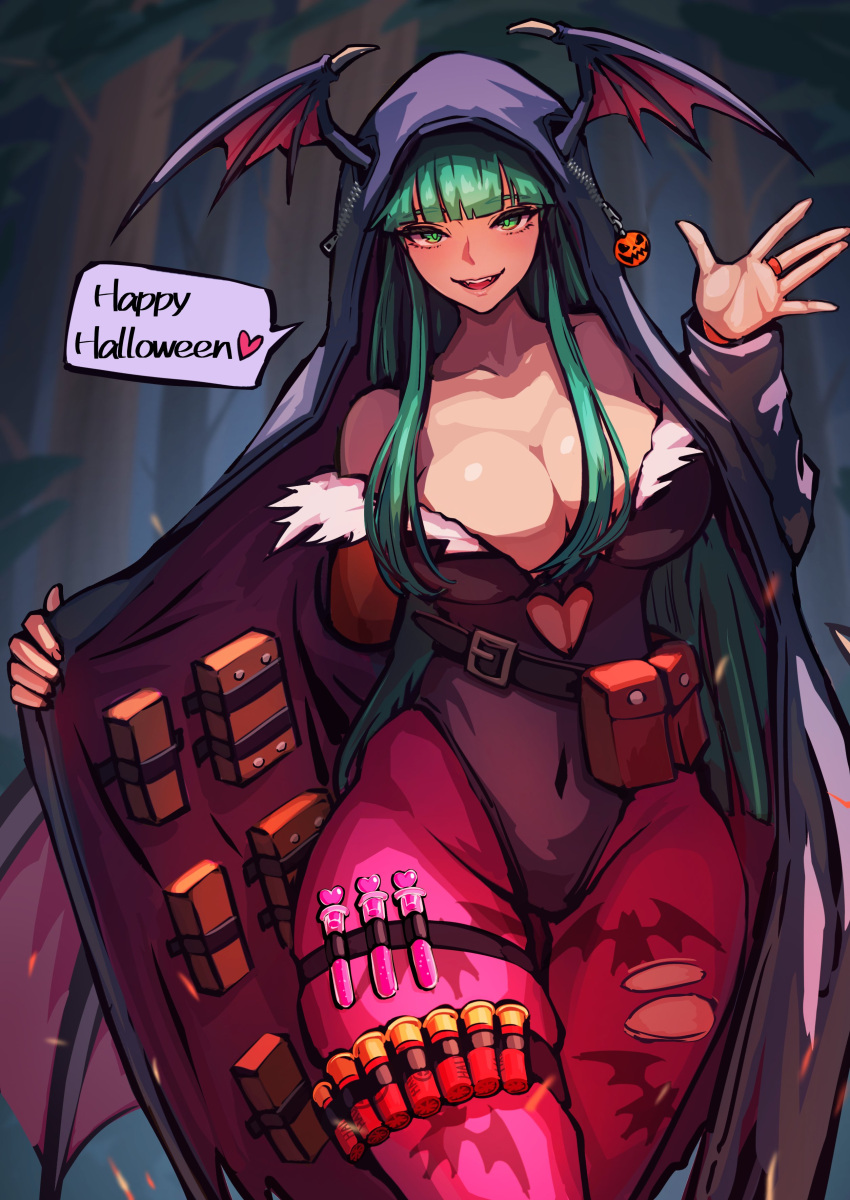 1girl 1girl 1girls ap_cammy bangs bat_print big_breasts big_breasts capcom cleavage clothing cosplay darkstalkers dialogue english_text female_only green_eyes green_hair grin halloween head_wings heart heart_cutout hooded_coat leotard long_hair looking_at_viewer merchant_(resident_evil) morrigan_aensland pantyhose pink_pantyhose resident_evil_4 smiling_at_viewer speech_bubble succubus succubus_wings thick_thighs very_high_resolution wings