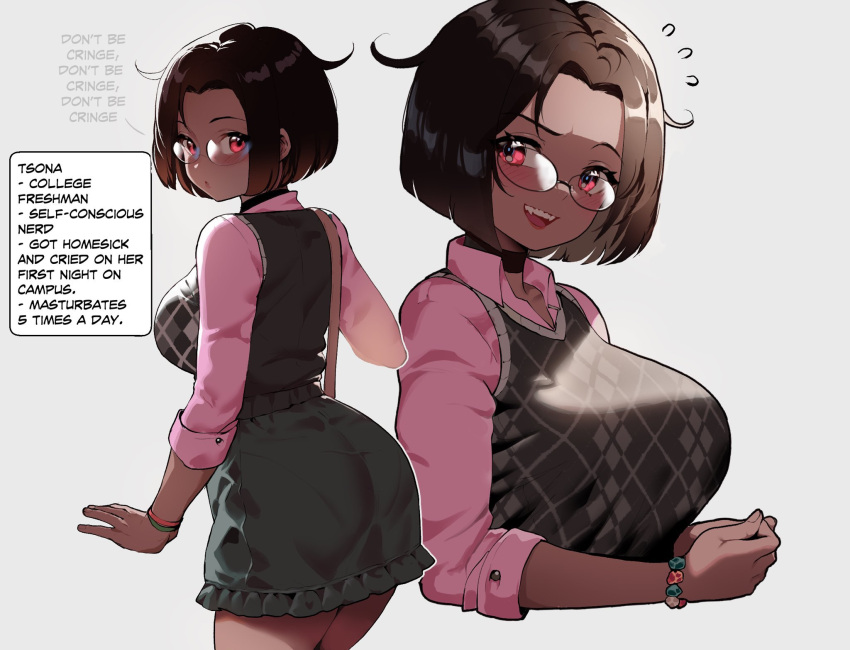 1girl 1girl 1girls ass big_breasts blush brown_hair character_sheet clothing dark-skinned_female dark_skin dialogue english_text female_only glasses grey_background high_res looking_at_viewer medium_hair original original_character red_eyes speech_bubble talking_to_viewer text_box thiccwithaq tsona_(nyantcha)