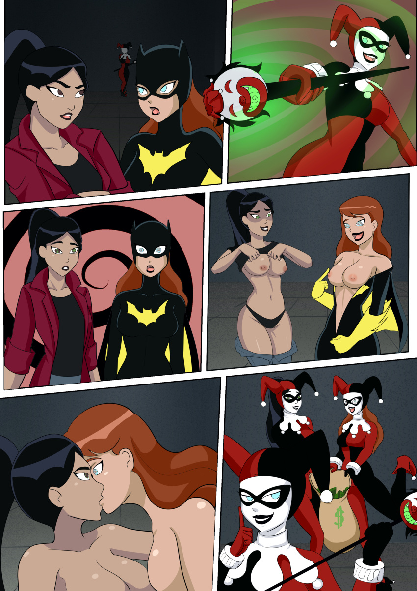 1girl 3_girls barbara_gordon batgirl batgirl_(the_new_batman_adventures) batman:_the_animated_series batman_(series) big_breasts black_lipstick brainwashing comic crossover dc_comics dcau droneification ellen_yin female_only harley_quinn harley_quinn_(classic) hypnosis kissing large_ass the_batman the_new_batman_adventures thick_thighs transformation undressing unzipping wide_hips yuri