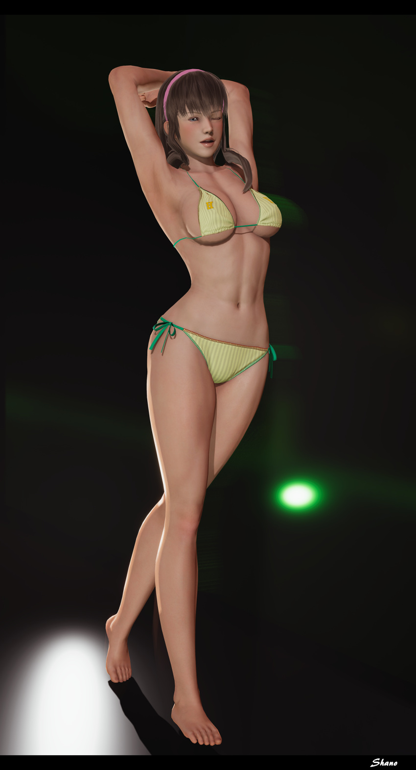 1girl 3d abs arms_up athletic_female big_breasts bikini blue_eyes blush brown_hair cute cute_face dead_or_alive dead_or_alive_2 dead_or_alive_3 dead_or_alive_4 dead_or_alive_5 dead_or_alive_6 dead_or_alive_xtreme dead_or_alive_xtreme_2 dead_or_alive_xtreme_3_fortune dead_or_alive_xtreme_beach_volleyball dead_or_alive_xtreme_venus_vacation female_abs female_only fit_female headband hitomi hitomi_(doa) honey_select_2 long_hair looking_at_viewer pose posing shanodeshano studio_neo tecmo thick_thighs wink