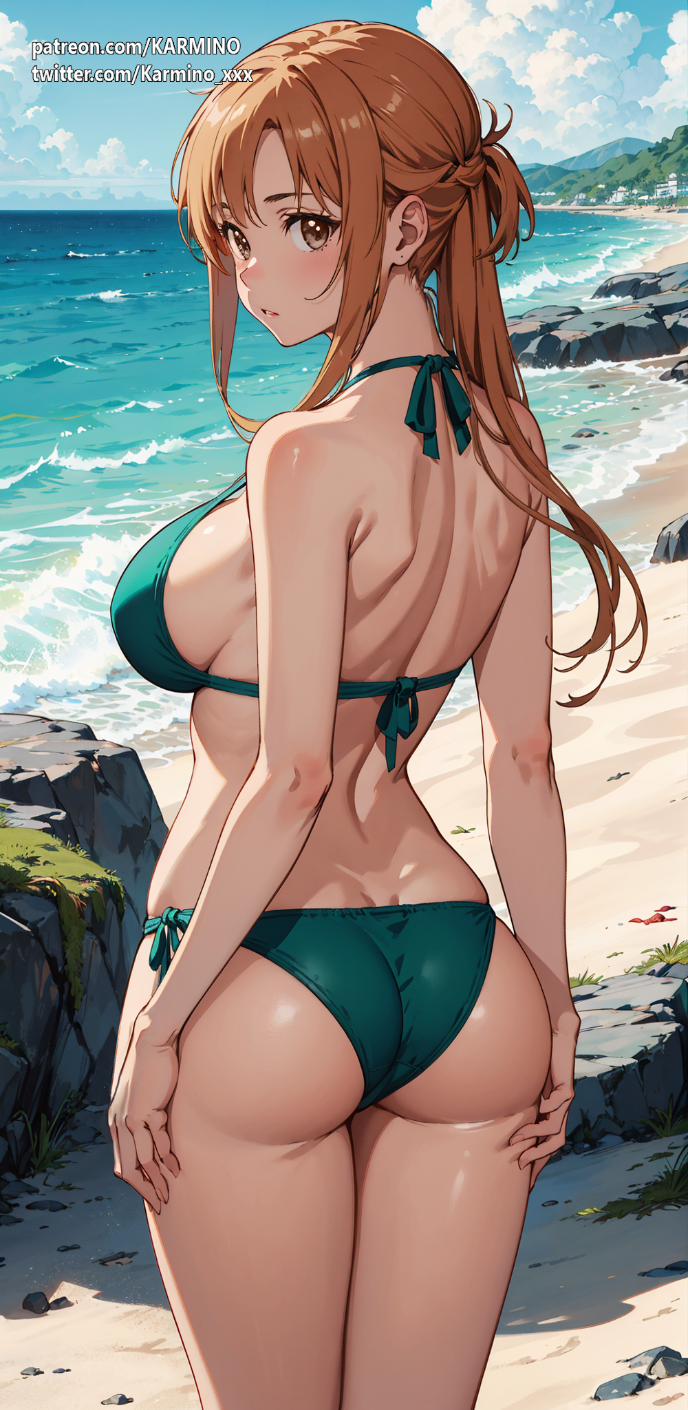 1girl ai_generated anime anime_style ass beach big_breasts bikini brown_eyes brown_hair green_bikini sword_art_online viewed_from_behind voluptuous_female yuuki_asuna