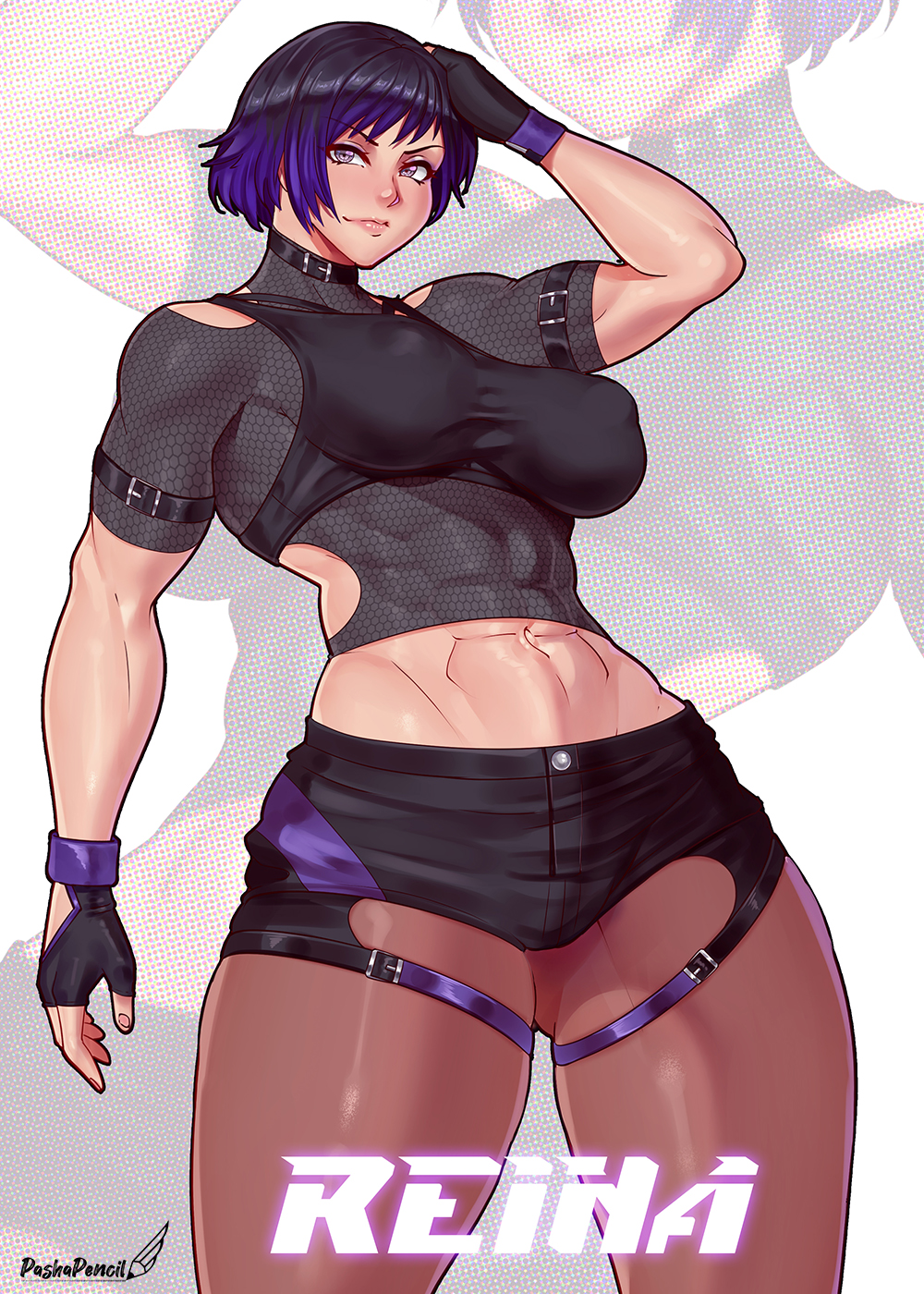 1girl alluring athletic_female big_breasts black_and_purple_hair cleavage cute female_abs fit_female insanely_hot namco pantyhose pashapencil purple_eyes reina_(tekken) reina_mishima shorts tekken tekken_8