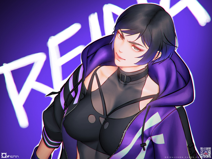 1girl alluring athletic_female big_breasts black_and_purple_hair cleavage crop_top cute female_abs fit_female insanely_hot namco open_jacket orihalchon purple_eyes reina_(tekken) tekken tekken_8