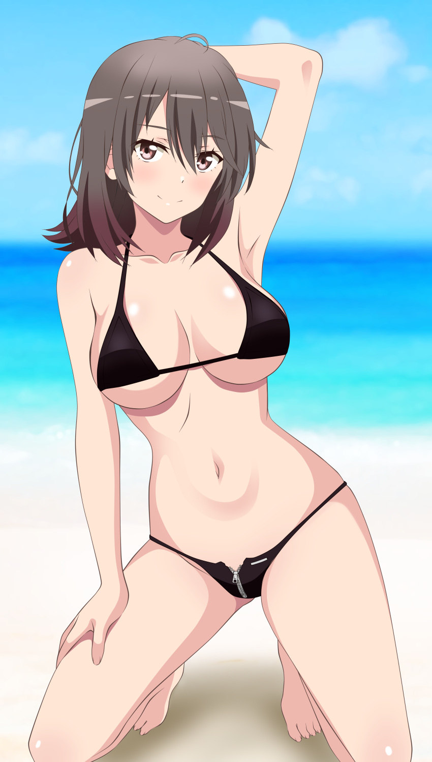 1girl alluring bare_legs beach big_breasts bikini black_hair blue_sky cleavage kiniro_tofu ocean pin_up purple_eyes silf undeboob yahari_ore_no_seishun_lovecome_wa_machigatteiru. yukinoshita_haruno