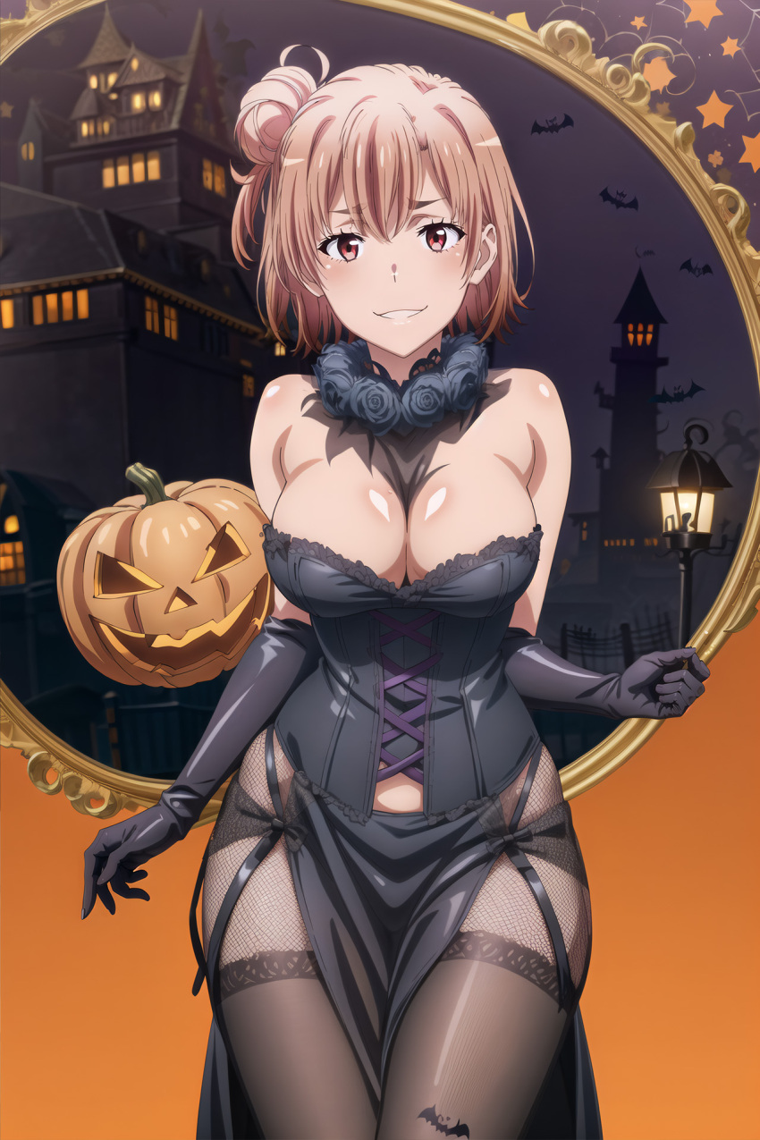 1girl alluring big_breasts cleavage dress halloween halloween_costume jack-o'-lantern red_eyes red_hair takanentr yahari_ore_no_seishun_lovecome_wa_machigatteiru. yuigahama_yui