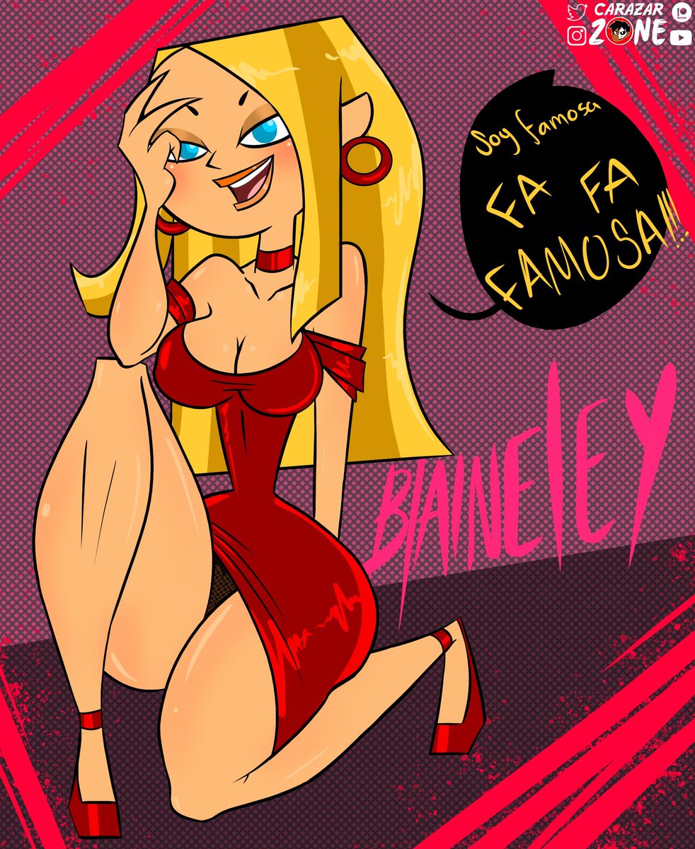 1girl artist_name big_breasts blaineley_(tdi) blonde blonde_hair blue_eyes breasts carazar_zone cartoon_network choker cleavage dress earrings high_heels long_hair open_mouth red_choker red_dress red_earrings red_heels shiny_skin solo_female solo_focus spanish_text total_drama total_drama_island