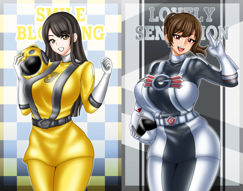 2_girls alluring amber_eyes big_breasts black_hair bodysuit brown_eyes brown_hair engine_sentai_go-onger holding_helmet pin_up rouyama_saki super_sentai sutou_miu treezero