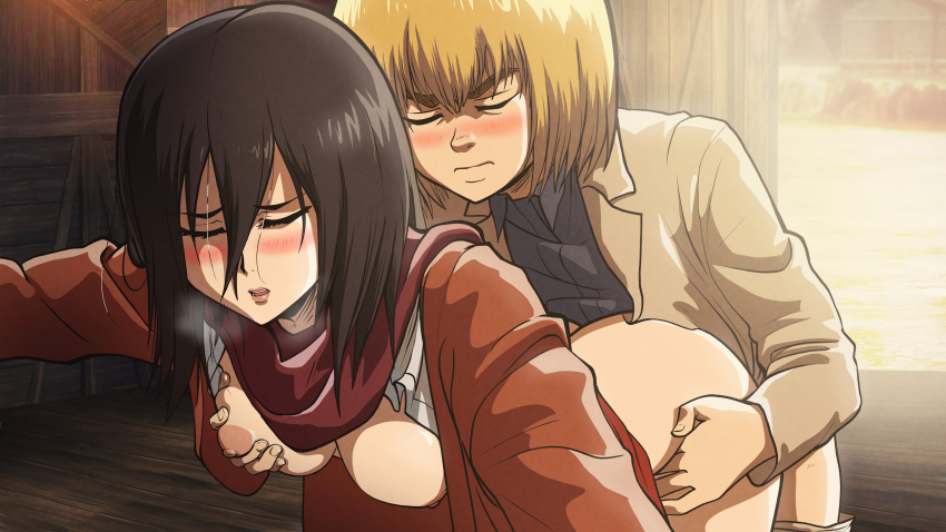 1boy 1girl 1girls accurate_art_style ambiguous_penetration areola armin_arlert attack_on_titan black_hair blonde_hair blush breast_grab breasts breasts_out clothed_sex drpizzaboi1 fake_screenshot from_behind hand_on_hip high_res male medium_breasts mikasa_ackerman nipples on_model partially_clothed scarf sex shingeki_no_kyojin straight style_emulation style_imitation style_parody stylized