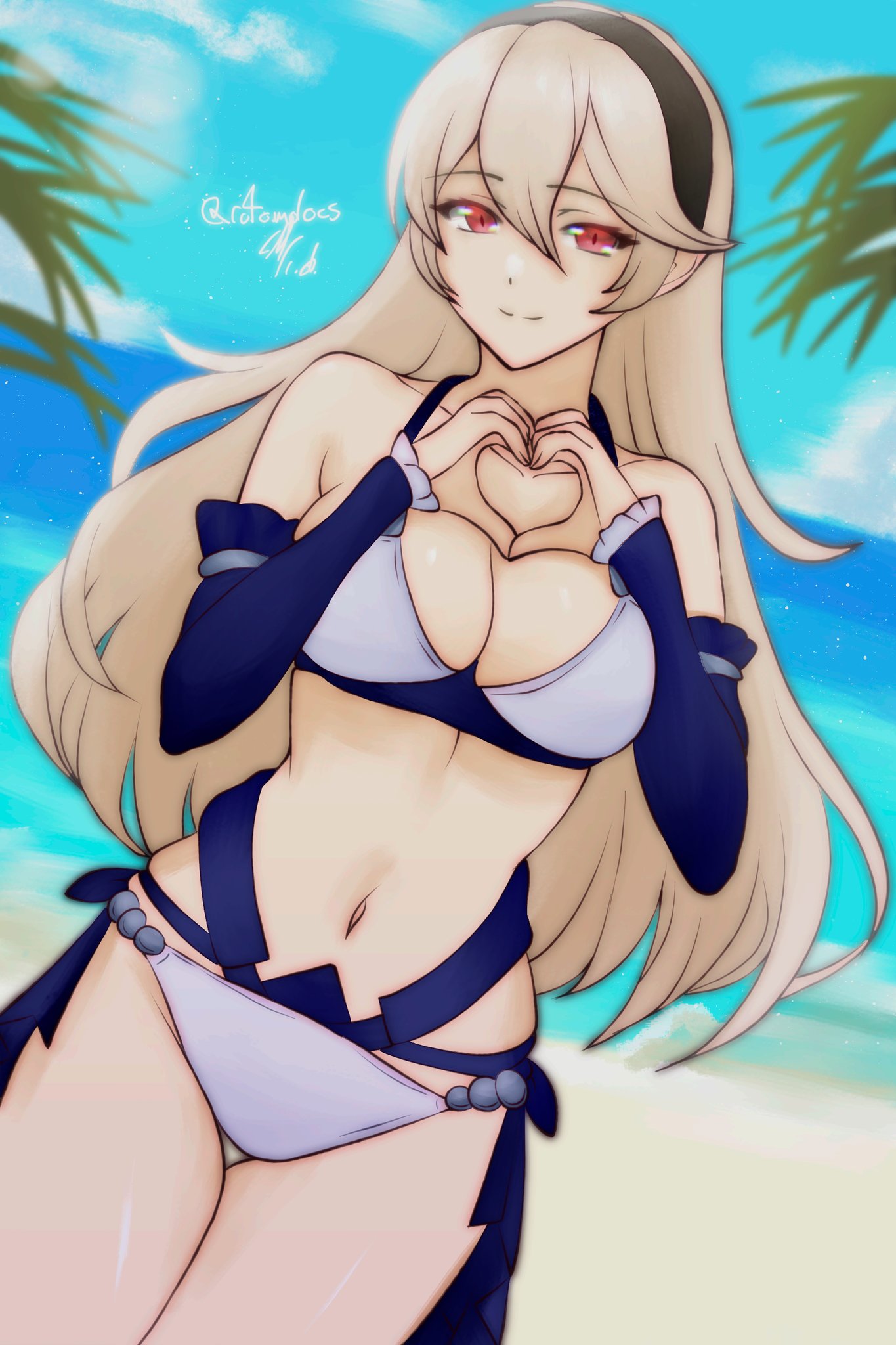 1girl 1girl 1girl alluring alternate_costume bare_midriff bare_thighs beach big_breasts bikini blonde_hair breasts cleavage corrin_(fire_emblem) corrin_(fire_emblem)_(female) detached_sleeves female_only fire_emblem fire_emblem_fates gesture hairband heart_hands higher_resolution_available long_hair long_sleeves looking_at_viewer medium_breasts midriff nintendo ocean outside pointy_ears red_eyes rotomdocs smile thighs very_long_hair white_bikini